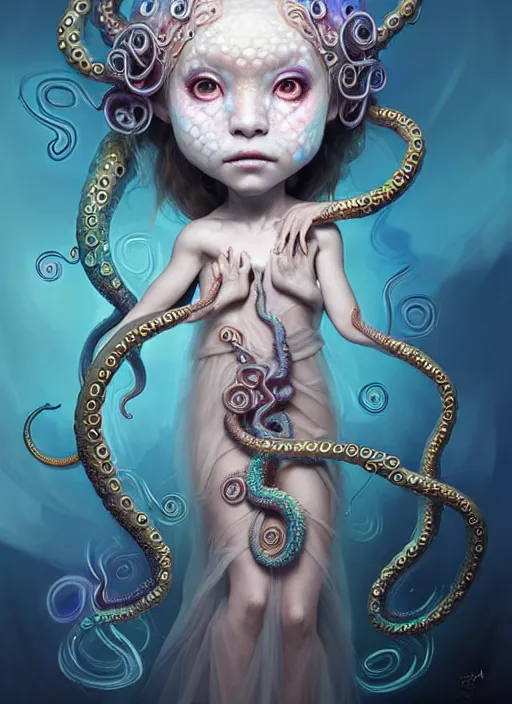 Image similar to A full shot of a cute magical monster Cryptid wearing a dress made of opals and tentacles. Chibi. Subsurface Scattering. Translucent Skin. Caustics. Prismatic light. defined facial features, symmetrical facial features. Opalescent surface. Soft Lighting. beautiful lighting. By Giger and Ruan Jia and Artgerm and WLOP and William-Adolphe Bouguereau and Loish and Lisa Frank. Sailor Moon. trending on artstation, featured on pixiv, award winning, sharp, details, intricate details, realistic, Hyper-detailed, HD, HDR, 4K, 8K.