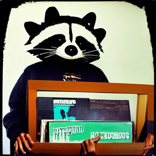 Prompt: medium shot, photo of a person in a detailed hyperrealistic raccoon mask, wearing a dark green hoodie, holding a pile of vinyl records, 8 0 - s, polaroid photo, by warhol,