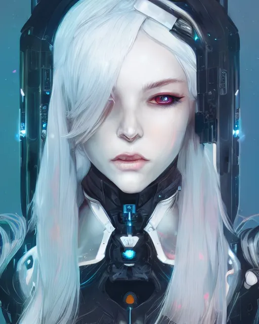 Image similar to holy cyborg necromancer girl, elegant, perfect face, scifi, futuristic, utopia, garden, illustration, atmosphere, warframe, blue eyes, white hair, focused, artstation, nier automata, highly detailed, art by yuhong ding and chengwei pan and serafleur and ina wong