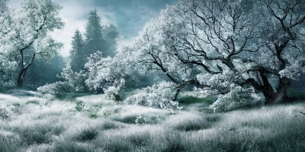 Prompt: a fantasy landscape with white beautiful trees