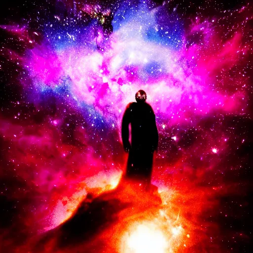 Image similar to a towering godlike apparition in the shape of a human, made of smoke and fog, backlit by pink, purple, red, blue neon lighting, nebulas, backround of stars and galaxies