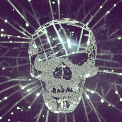 Image similar to a skull made out of broken mirrors, reflecting light in a nightclub, grainy film still