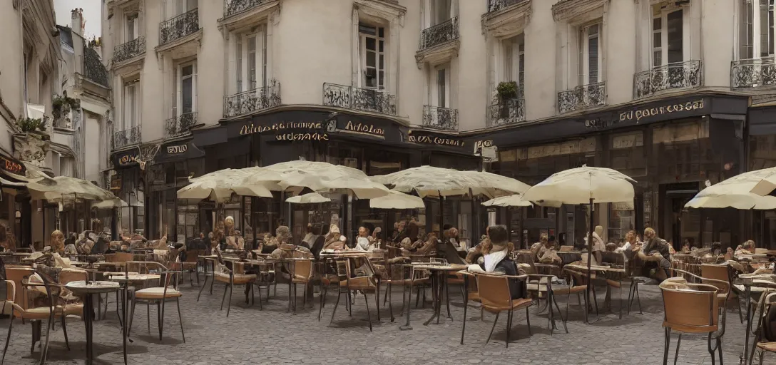 Image similar to a photorealistic render of a parisian cafe at lunch time but all the chairs look like the iron throne, cafe customers, fancy french waiters, ultra detailed face, 8 k, artstation, volumetric lighting, smooth, highly detailed, octane render, by andres rocha and albert bierstadt and greg rutkowski