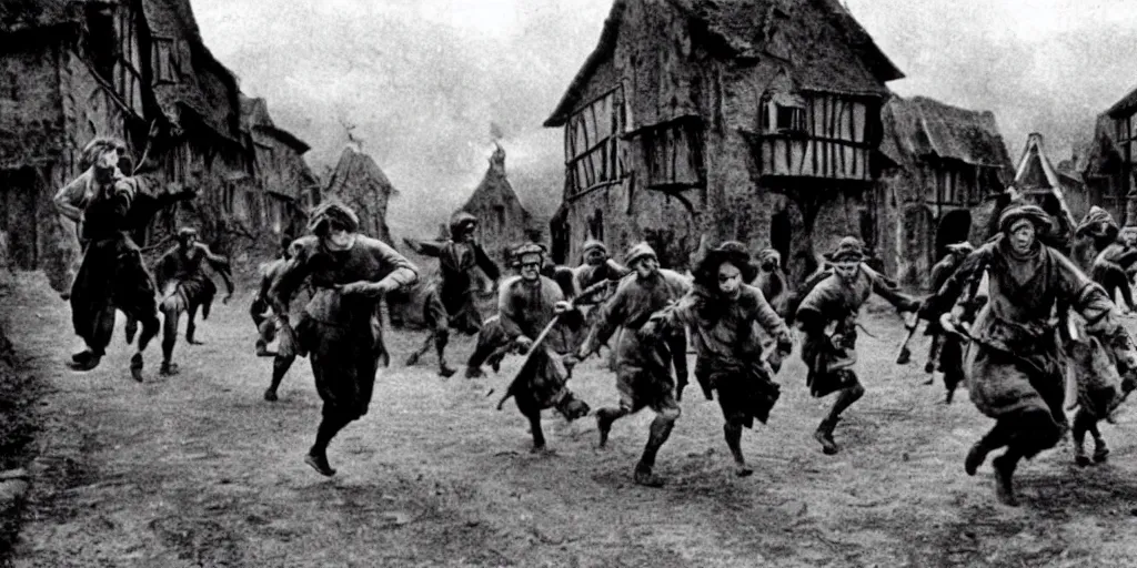 Prompt: villagers running from huge medieval fantasy town, 1 9 1 0 s film scene