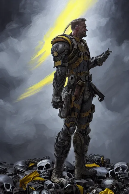 Image similar to a full body shot from distance of a super soldier with a Ukrainian yellow and blue flag standing in the beam of light from the clouds on a pile of skulls and rotten cars, western, masculine figure, D&D, fantasy, intricate, elegant, highly detailed, digital painting, artstation, concept art, matte, sharp focus, symmetrical, illustration, art by Artgerm and Greg Rutkowski and Alphonse Mucha