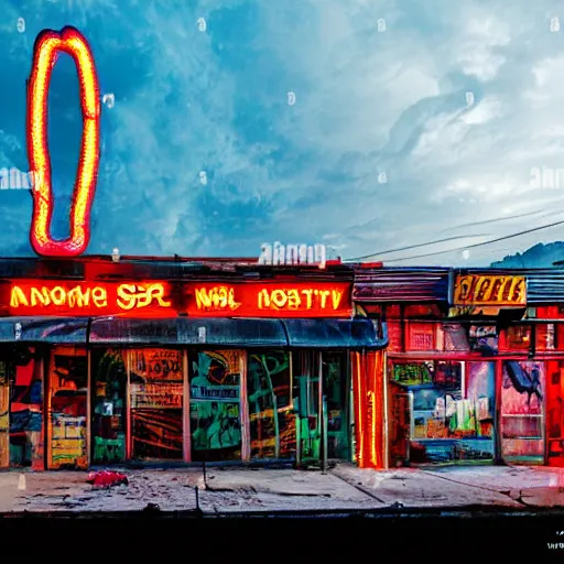 Prompt: thin clouds of colored smoke whip and swirl around a tall, thin man as he walks down the lonely street of abandoned neon - lit storefronts