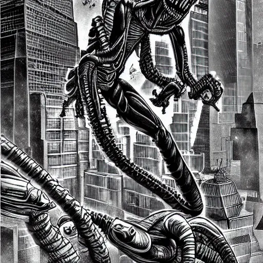 Prompt: Xenomorphs taking over Moscow by Kentaro Miura