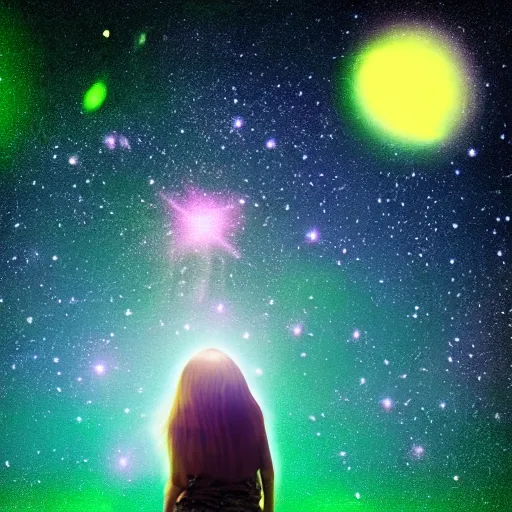 Image similar to Woman with stars for her eyes stars on glowing green background of the night sky