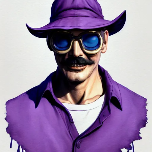 Image similar to Extremely Detailed and Full Portrait scene of Gooey Ocean scene in ink and refined sand, Waluigi with shades on face. wearing purple shirt and hat with dark grey overalls full body smiling by Akihito Yoshitomi AND Yoji Shinkawa AND Greg Rutkowski, Mark Arian trending on artstation