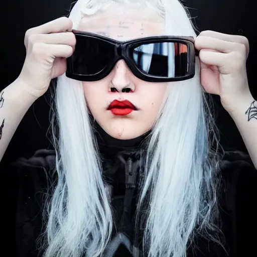 Image similar to very cool girl, white hair girl with mask, streetwear, techwear, cyberpunk style outfit, full body nose piercing, detailed portrait, intricate composition
