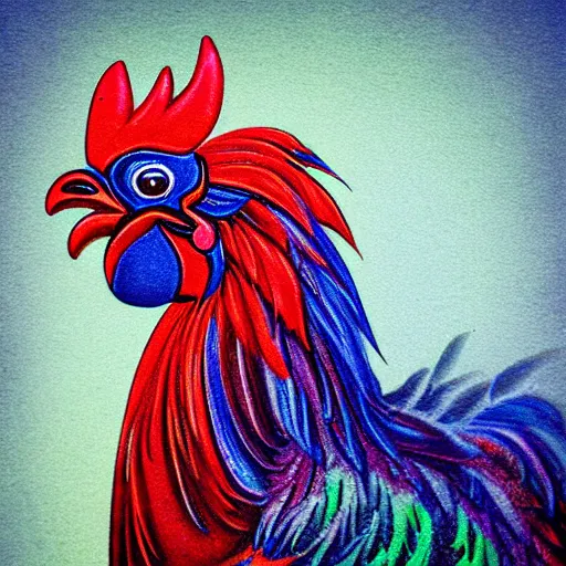 Prompt: Ornate Rainbow Rooster Portrait Antique style Barn background