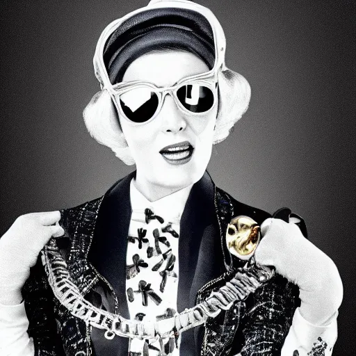 Image similar to Mary Poppins as a Gangsta rapper wearing excessive golden jewelry in the city, publicity photograph