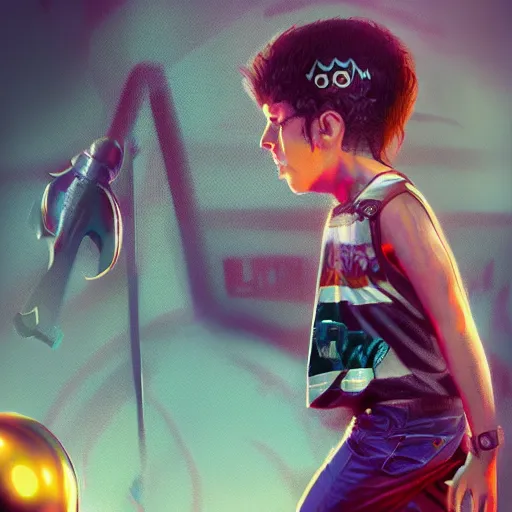 Prompt: 80's heavy metal kid, illustration, artgerm, octane render, inspired by Greg rutkowski, colorful, studio lighting, full body,