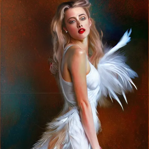 Prompt: hyperrealistic portrait of a woman as amber heard performing noir singing dance in a white swan dress wearing sapphire jewellery feather collar by jeremy mann and alphonse mucha, fantasy art, photo realistic, dynamic lighting, artstation, poster, volumetric lighting, very detailed faces, 4 k, award winning