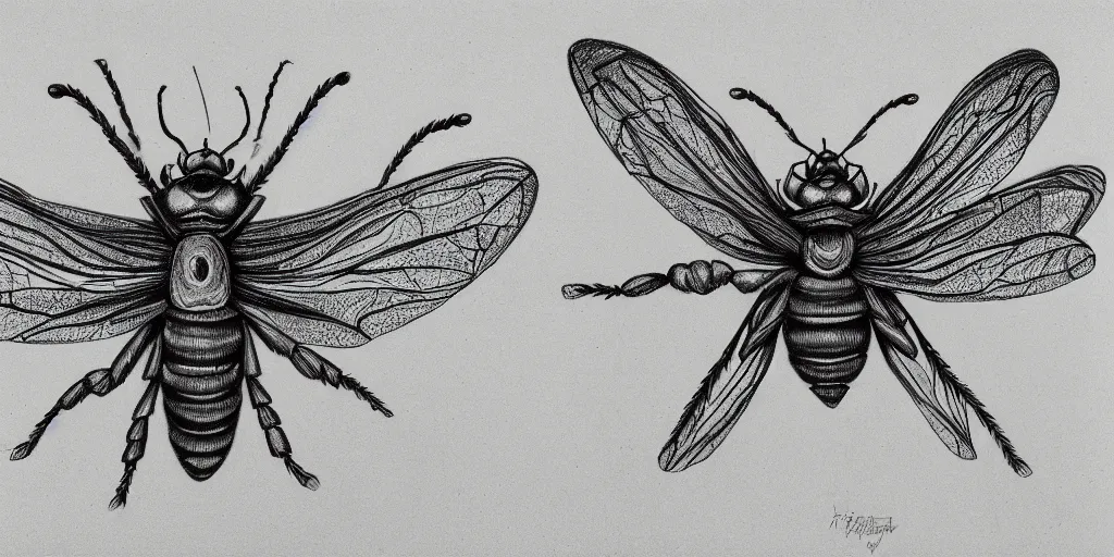 Image similar to pencil drawing of an insect, abstract, surrealism, hyper detail, line art