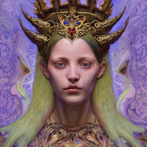 Image similar to the bone crown, by Annie Swynnerton and Nicholas Roerich and Donato Giancola, embroidered robes, floral tattoos, bioluminescent, elaborate costume, geometric ornament, symbolist, soft colors, dramatic lighting, smooth, sharp focus, extremely detailed