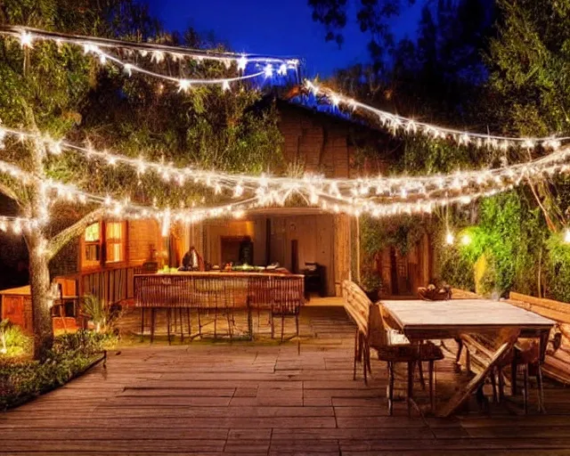 Image similar to a still photo of a backyard at night with fairy lights, house on the left side with wooden flooring, warm lighting, after party