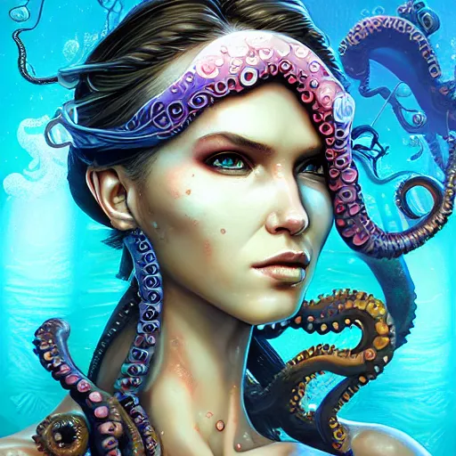 Prompt: lofi underwater mermaid biopunk portrait of lara croft, octopus, Pixar style, by Tristan Eaton Stanley Artgerm and Tom Bagshaw.
