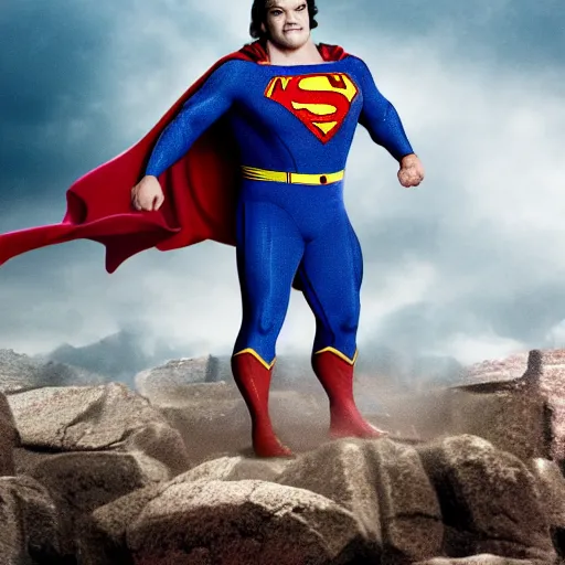 Image similar to jack black starring as superman, movie still, 8 k