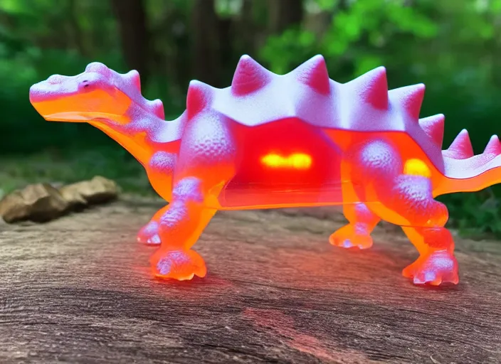 Image similar to photo of a translucent clear pixar 3 d style baby dinosaur stegosaurus, with symmetrical head and eyes, made out of clear plastic, but has red hypercolor glowing electric energy inside its body, and electricity flowing around the body. in the forest.. highly detailed. intricate design by pixar