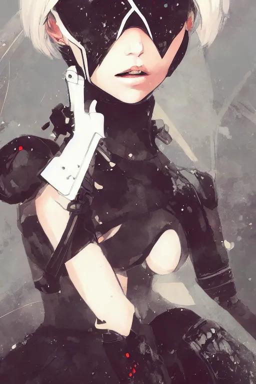 Image similar to a ultradetailed beautiful portrait panting of 2 b from nier automata, by conrad roset, greg rutkowski and makoto shinkai trending on artstation