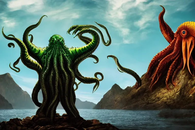 Image similar to giant Cthulhu with a parrot head, high definition, photorealistic, long shot, epic, horizon mountain over water