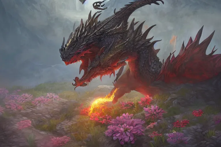 Prompt: a half - dragon warrior, standing in a volcano landscape, natural lighting, a small circle of flowers around him, very detailed, night, 8 k, by artstation, artgerm