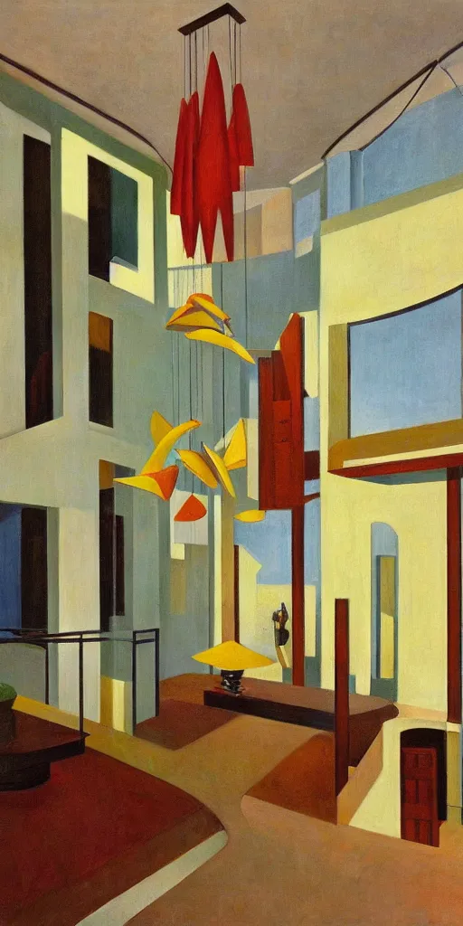 Image similar to midcentury modern atrium, hanging mobile, grant wood, pj crook, edward hopper, colorful, oil on canvas