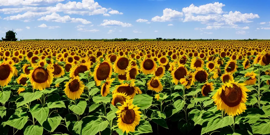 Prompt: sunflower field, blue sky, middle of field burning russian tank.