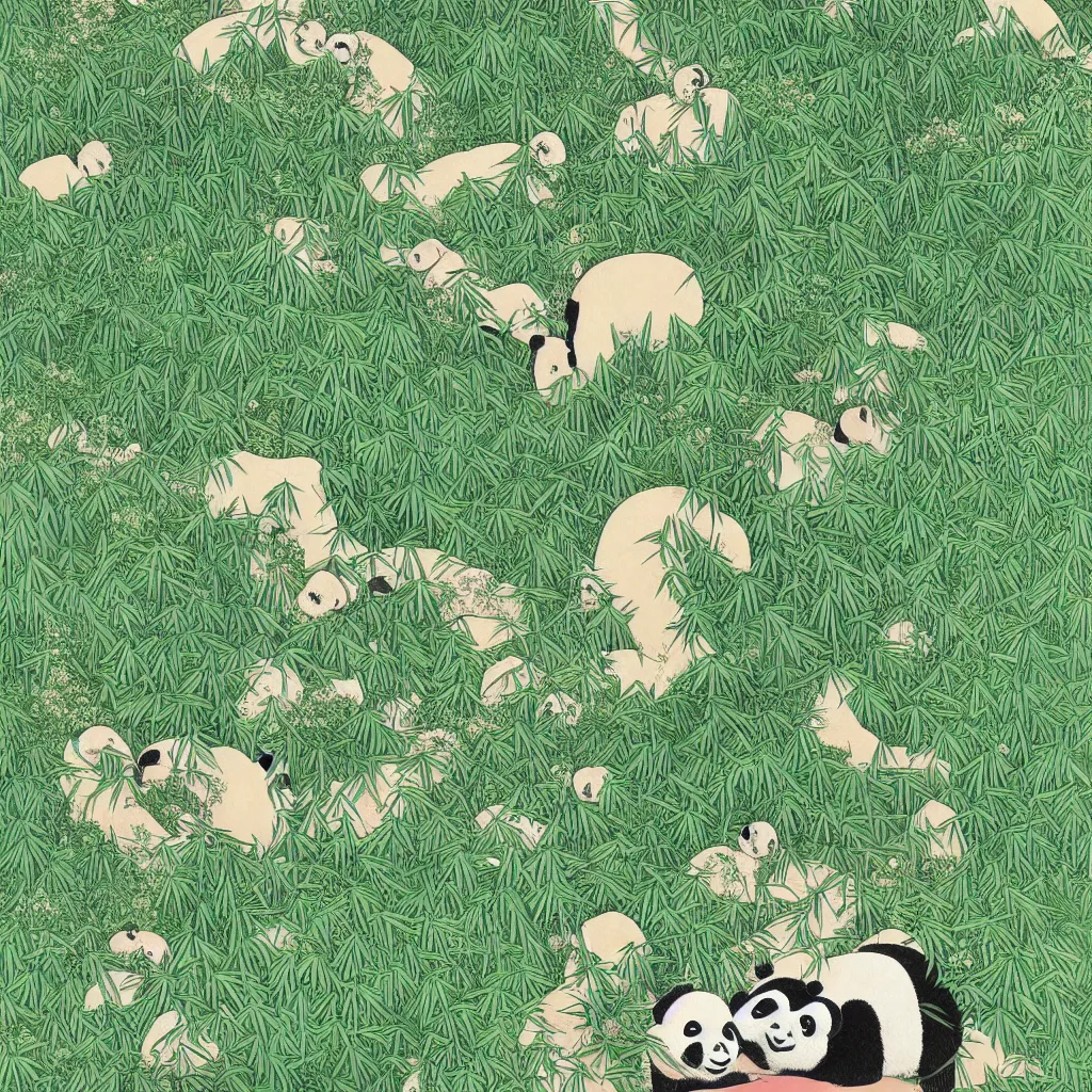 Prompt: isometric view illustration of a bamboo forest and panda eating bamboo, highly detailed mid day by victo ngai