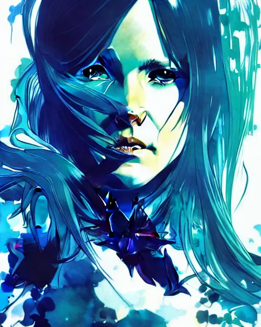 Image similar to style of yoji shinkawa, artgerm, joshua middleton, beautiful kristen bell with green dress, very long blue hair, water powers water swirling, symmetrical face, symmetrical eyes, detailed, beach setting, cinematic lighting