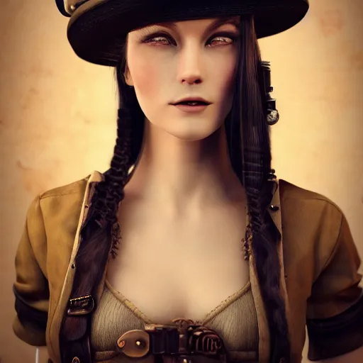 Image similar to a beautiful steampunk woman, long hair, aged 2 5, slovenian, wearing a travel hat, photo realistic, real life, octane render, trending on artstation