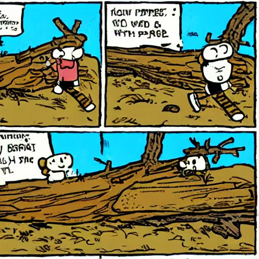Prompt: John Calvin and Thomas Hobbes walking across a fallen log, cartoon, newspaper comic strip, by Bill Watterson.