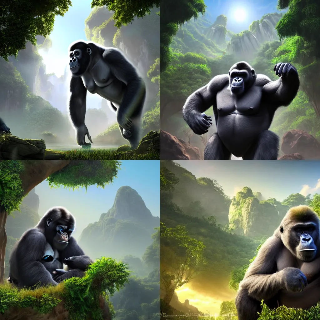 Prompt: A beautiful, perfect, impressive, amazing concept art digital CG painting of harambe in heaven, trending on ArtStation, Unreal Engine