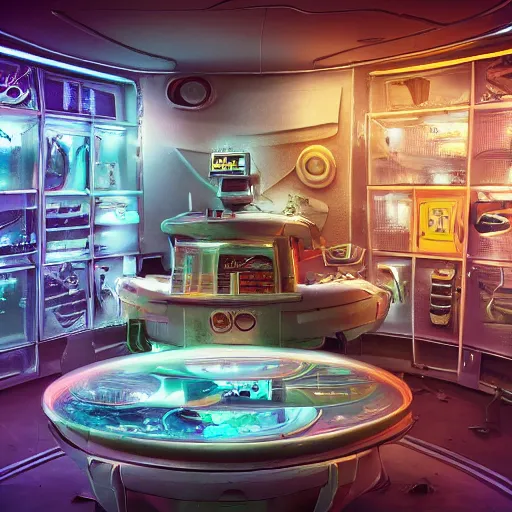 Image similar to a dirty alien shop, futuristic, holographic, 8k, sharp focus, W-1024