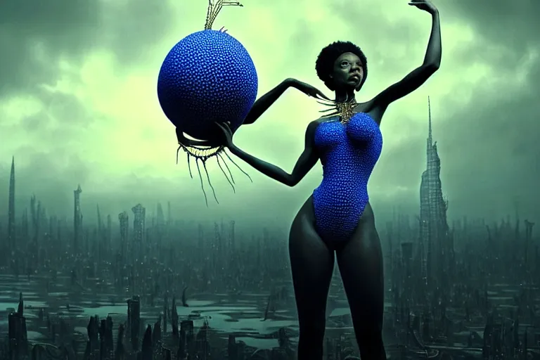 Prompt: realistic detailed photorealistic film portrait shot of a beautiful black woman with a giant spider, sci - fi city landscape background by denis villeneuve, amano, yves tanguy, alphonse mucha, ernst haeckel, max ernst, andrei tarkovsky, edward robert hughes, roger dean, necklace, dynamic pose, rich moody colours, wide angle, blue eyes