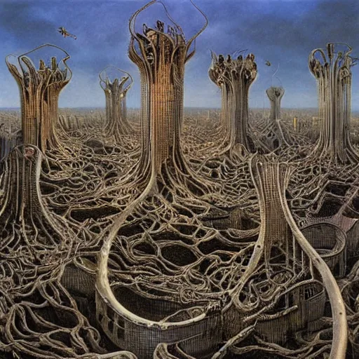 Prompt: salvador dalí inspired dystopian city with big cats walking around instead of people, art by peter gric, gothic, surreal, 8k
