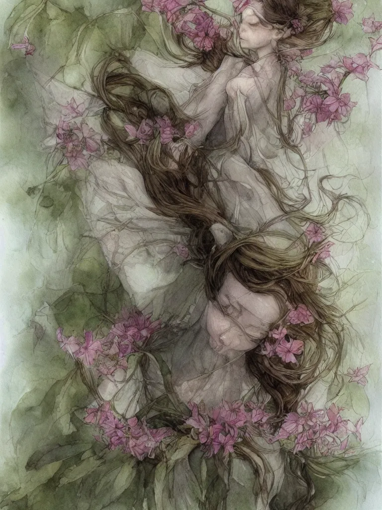 Image similar to study of a flower fairy, illustration, watercolor, alan lee, detailed, pretty, ethereal, realistic, artstation,