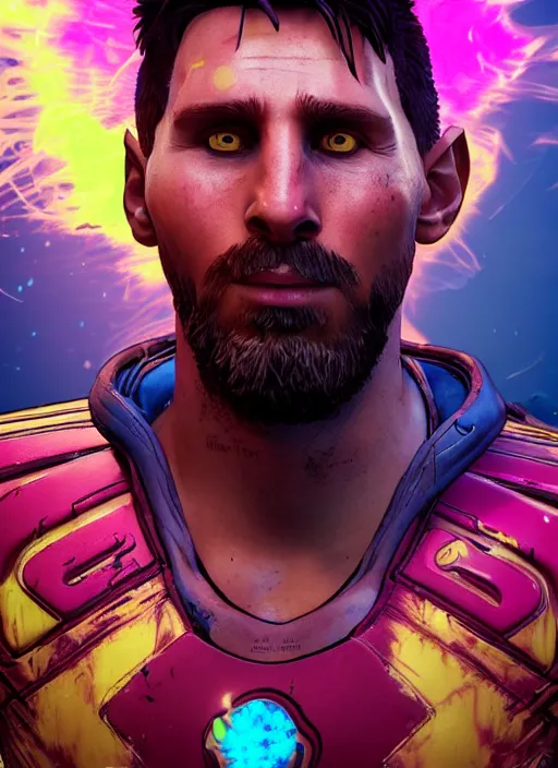 Image similar to glowwave portrait of messi from borderlands 3, au naturel, hyper detailed, digital art, trending in artstation, cinematic lighting, studio quality, smooth render, unreal engine 5 rendered, octane rendered, art style by klimt and nixeu and ian sprigger and wlop and krenz cushart.