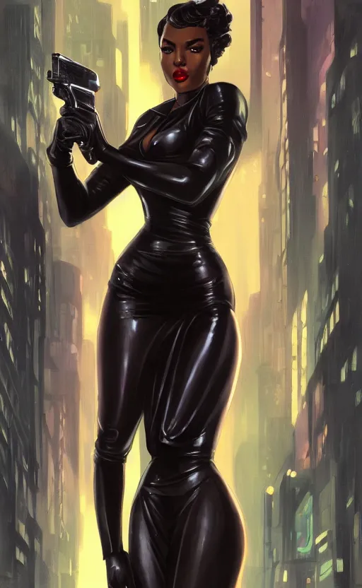 Image similar to an attractive young Black female, clothed like a 1940s femme fatale, holding a sci-fi pistol, intricate, elegant, highly detailed, digital painting, film noir lighting, Blade Runner city background, trending on artstation, concept art, smooth, sharp focus, illustration, art by artgerm and greg rutkowski and alphonse mucha