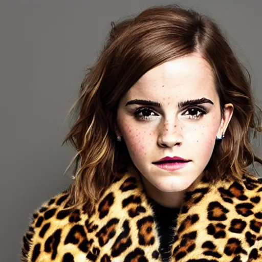 Prompt: portrait photograph of emma watson with leopard skin