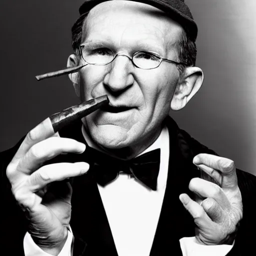 Prompt: a glamorous black and white portrait of ed o'neill with a cigar, artistic, heroic, amazing, in the style of helmut newton