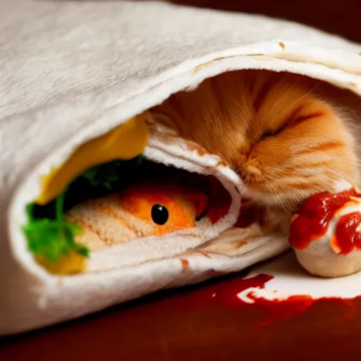 Image similar to a cute cat trapped in a burrito, covered in ketchup and mayonnaise