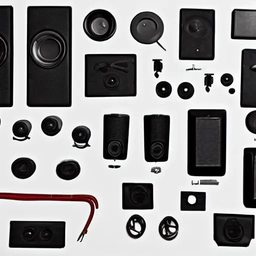 Image similar to a speaker taken apart and all its parts laid out neatly on a table