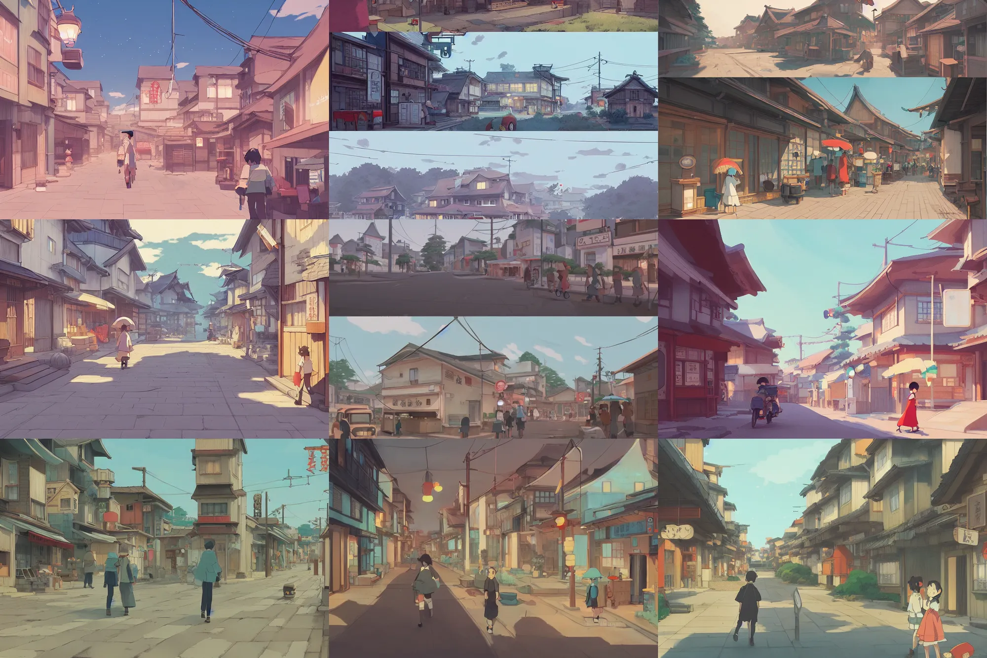 Prompt: beautiful concept art painting of a japanese town in the style of ghibli, atey ghailan, cinematic, pixar style