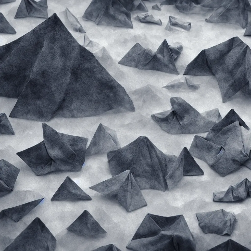 Prompt: photo of a origami rocky hill, in the middle of a origami storm. realistic origami clouds. impressive, majestic, origami atmospheric glass rain, cinematic, stunning, masterpiece, romantic, trending in artstation, very detailed. 4 k