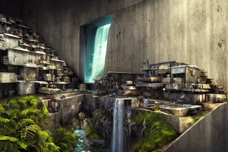 Image similar to favela bunker spaceship beeswax hive, brutalist waterfall environment, industrial factory, whimsical, award winning art, epic dreamlike fantasy landscape, ultra realistic,