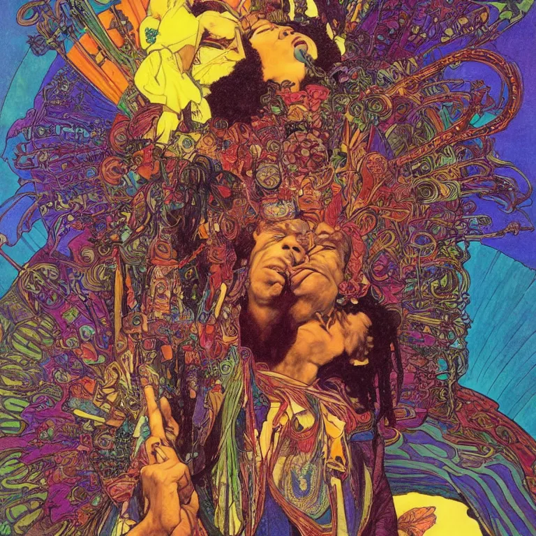 Prompt: colorfull artwork by Franklin Booth and Alphonse Mucha and Mati Klarwein showing a portrait of Jimi Hendrix as a futuristic space shaman