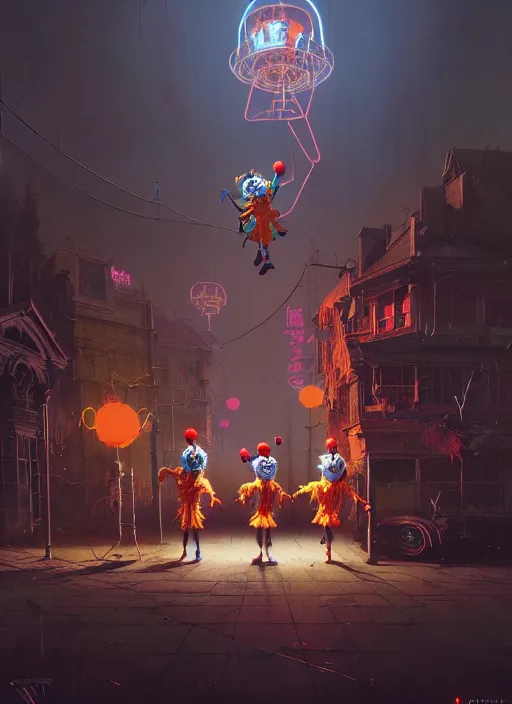 Prompt: masterpiece concept art, neon scary clowns, by greg rutkowski and geof darrow, 8 k, intricate detail, cinematic lighting