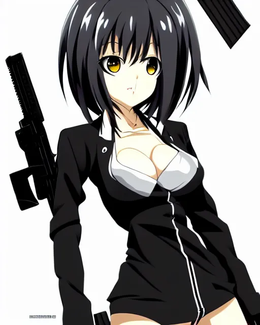 Image similar to female action anime girl, black dress, gun, symmetrical faces and eyes symmetrical body, middle shot waist up, airplane hanger background, Madhouse anime studios, Black Lagoon, Wit studio anime, 2D animation